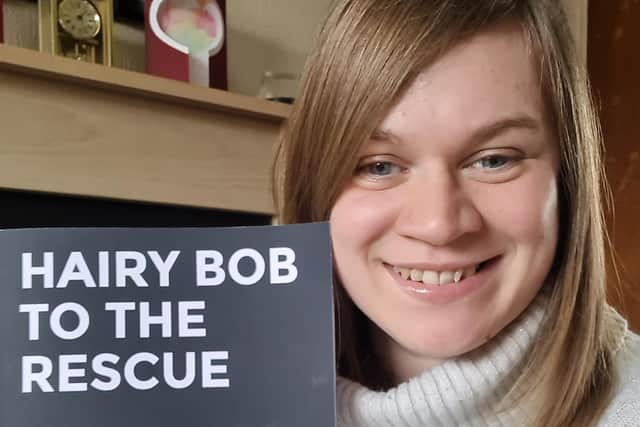 Author Sarah Hadaway is pictured with Hairy Bob to the Rescue.
