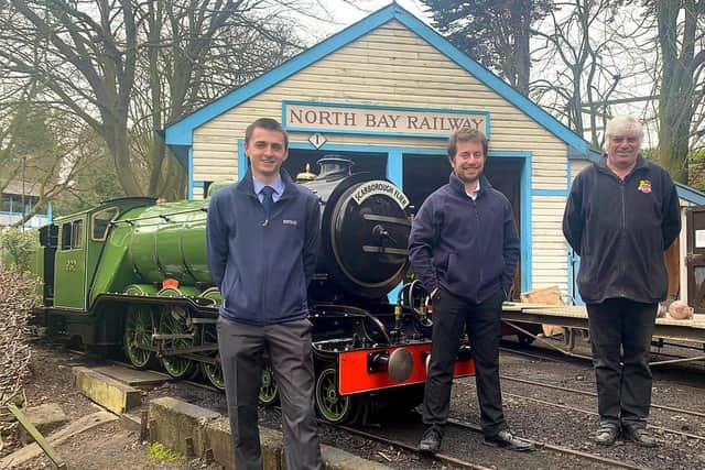 The new owners of the railway: John Kerr, left, with Peter Bryant and previous owner David Humphreys.