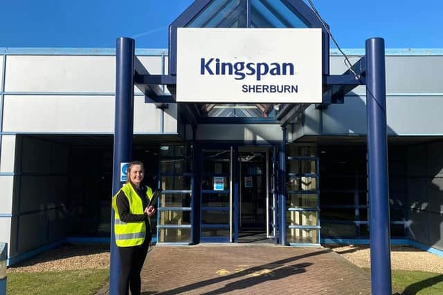 Castle Employment Group’s Abi Cottle is pictured outside the Kingspan site at Sherburn.