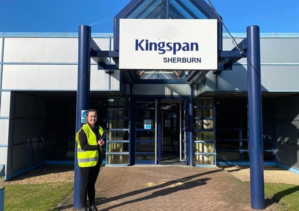 Castle Employment Group’s Abi Cottle is pictured outside the Kingspan site at Sherburn.