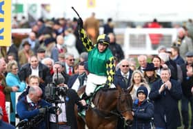 Adam Wedge celebrates his success at the 2020 Cheltenham Festival with Lisnagar Oscar, which is part-owned by former Scarborough FC winger Tony Outhart.