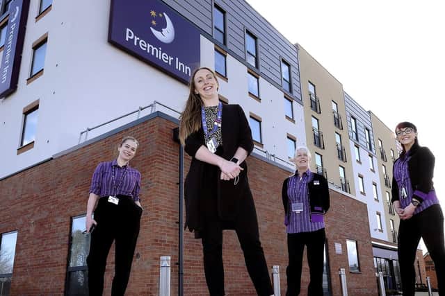 The new North Bay Premier Inn on Burniston Road opens with staff Sara Sumner, left, manager Ruby Young, Liz Connelly and Meg Dillinger.