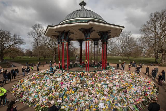 Floral tributes placed in tribute to Sarah Everard on Clapham Common. Photo by Dan Kitwood/Getty Images.