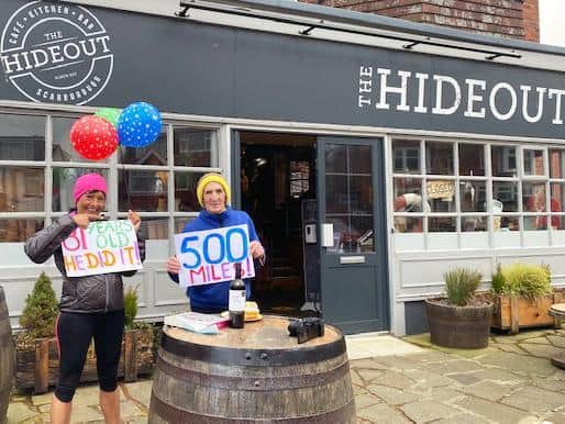 Mick Thompson finishes his impressive 500 miles in 50 days with Melanie Padgham from Scarborough Athletic Club.