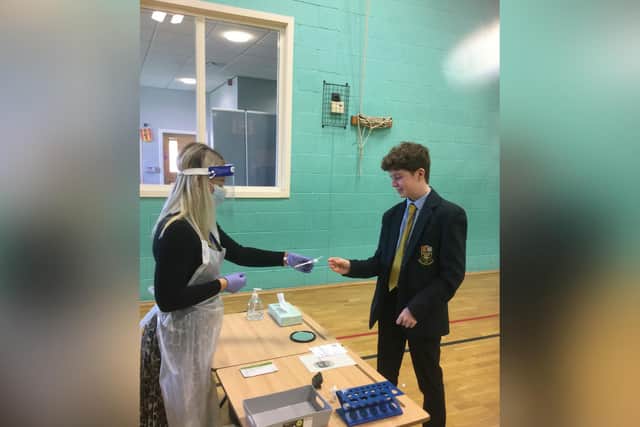 Key Stage 4 students at Malton School taking part in the lateral flow tests at school.