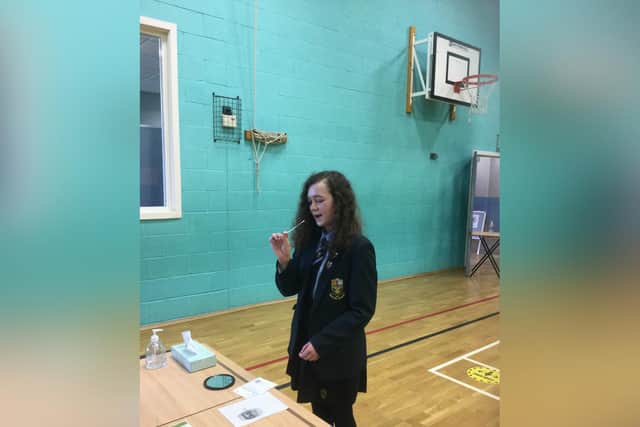 Key Stage 4 students at Malton School taking part in the lateral flow tests at school.