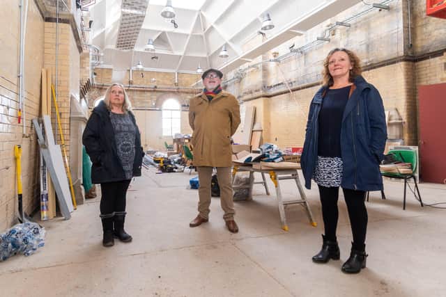 From left in the new arts centre: 
Jo Davis, artist and chair of Scarborough Studios, Simon Featherstone, board member of Scarborough Studios, and Sally Gatie, artist, and one of the founders of  the studios