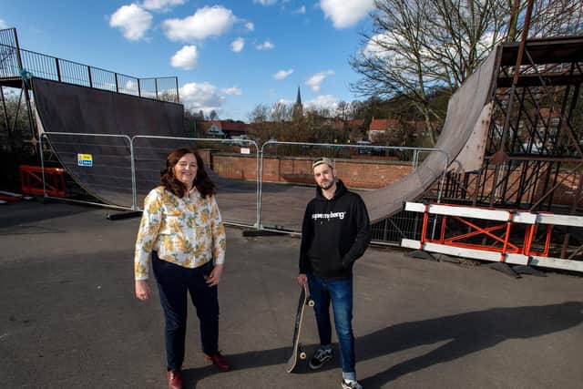 Ryan Swain, and Councillor Di Keal, who is leading a public and community project and campaign to save the halfpipe and skatepark in Malton.