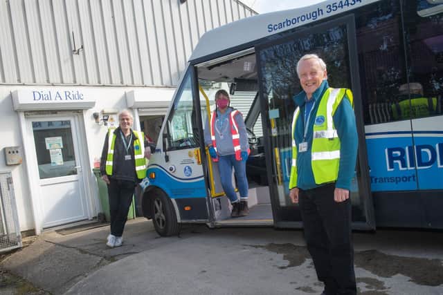 Ken Davison, Helen Todd and Bob Monaghan with the Dial A Ride bus