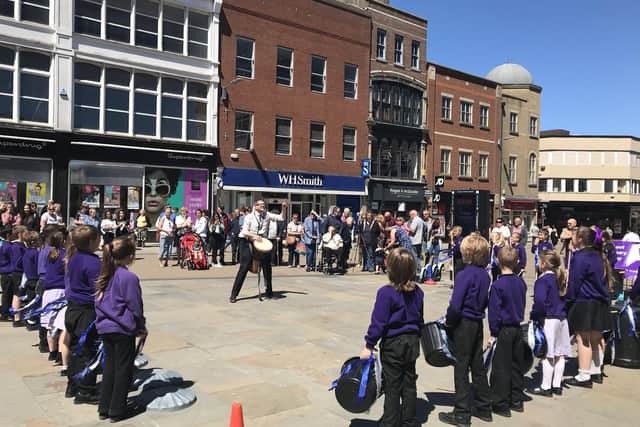 Quay Academy's Junk Percussion Flashmob event in Scarborough. (photo before Covid restrictions).