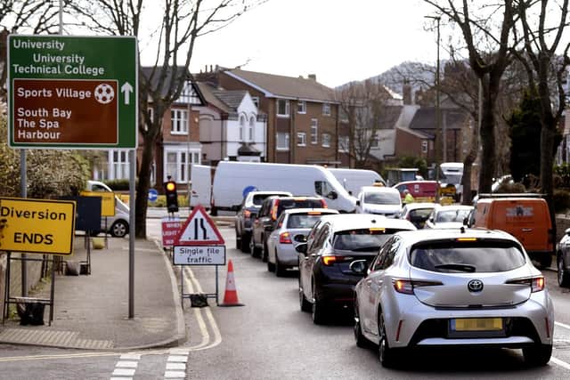 Traffic queues to Manor Road roundabout. Picture: JPI Media/ Richard Ponter