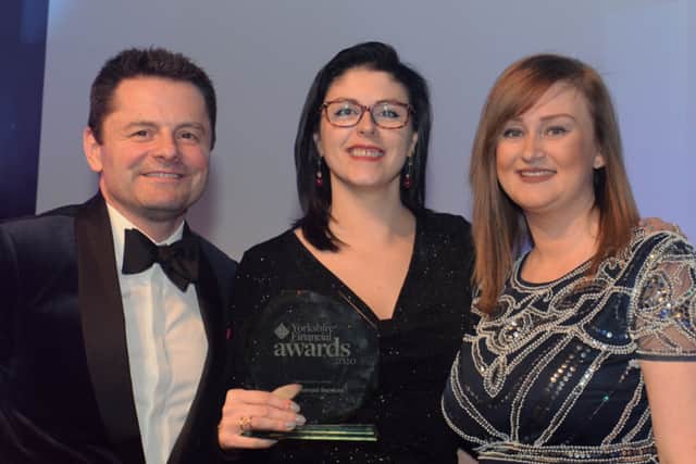 BBC Breakfast’s Chris Hollins who presented the awards with Cura’s Vanessa Galashan (administrator) and Sarah McNeil (sales support).