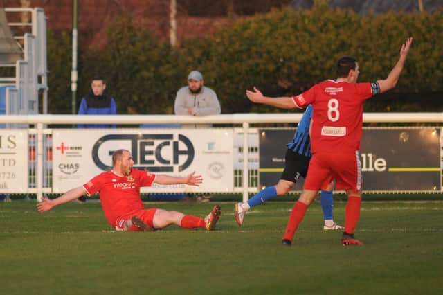 Player-boss Brett Agnew appeals for a penalty at Cleethorpes Town on new Year's Day
Photo by Dom Taylor