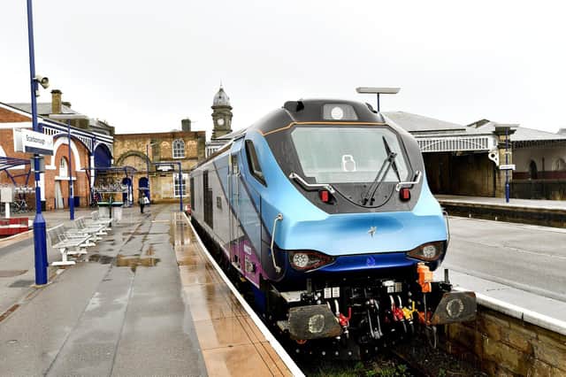 A TransPennine Express train at Scarborough railway station.