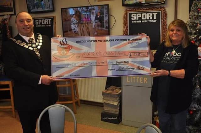 Anne Rubery, the wife of Mike Rubery (secretary of the Bridlington Royal Naval Association), presented a cheque for £835 to Bridlington Town Mayor Liam Dealtry during the first veterans breakfast club of the year.