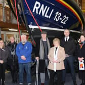 Robert Taylor (RNLI), Pat Worrall, Jane Tye (MND) Major Barbara Jeffely (Salvation Army) and Megan Robinson and Nicola Howarth (Hinge Centre) at the Lodge presentation. Photo submitted