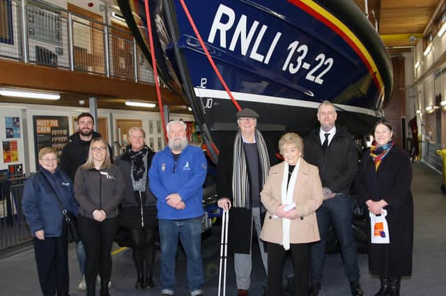 Robert Taylor (RNLI), Pat Worrall, Jane Tye (MND) Major Barbara Jeffely (Salvation Army) and Megan Robinson and Nicola Howarth (Hinge Centre) at the Lodge presentation. Photo submitted