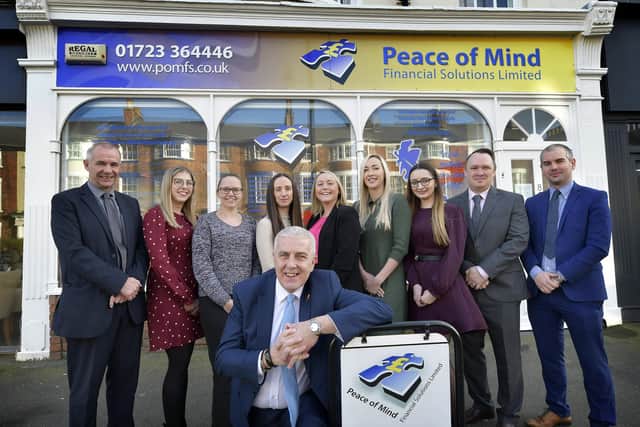 Peace of Mind Financial Solutions Ltd have grown despite the ongoing Covid pandemic. Pictured Geoff Hill , Eleanor Wood, Marie Robinson, Michelle Hamilton -Smith, Lyndsey Hodgson, Kayleigh Stephenson, Hannah Stephenson, Damien Howarth, James Toal and Nigel Wood.