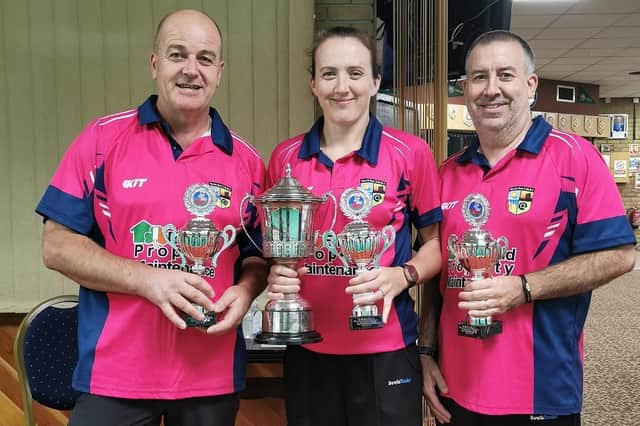 From left, the North Bay aces Lawrence Moffat, Bronagh Toleman, and Lee Toleman who won Short Mat Bowls National Championships in Melton Mowbray last year, are representing England this week at the British Isles Championships at Scarborough Indoor Bowls Club