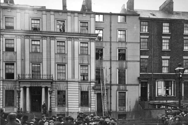 A crowd gathers outside the Queen’s Hotel, on North Marine Road, to view the damage after Scarborough’s own ‘Blitz’ on the night of 18/19 March 1941. The frontage was so severely blasted that it was never repaired and it was demolished in 1948.