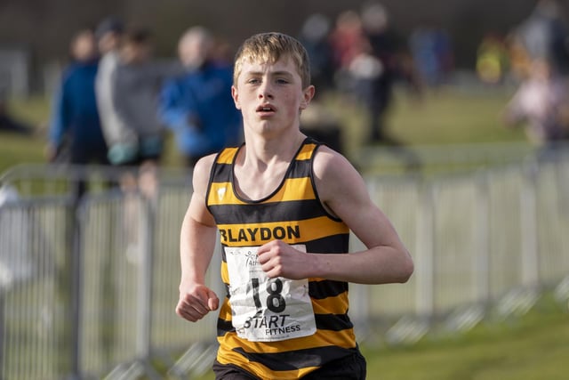 A Blaydon runner approaches the finish of the U13s boys race.