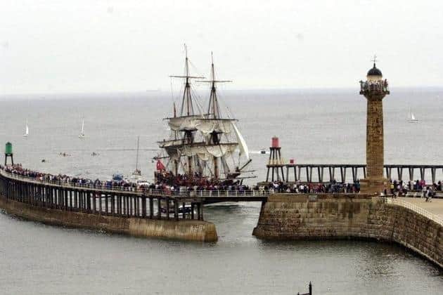 The Australian National Maritime Museum said it is “confident” that the vessel is the Endeavour, which was sunk in 1778 during the American War of Independence. Pictured: Replica Endeavour arriving in Whitby harbour