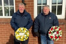 Councillor Vic Leppington laid a wreath on behalf of the Flamborough Parish Council and Captain David Freeman a wreath on behalf of the Flamborough Fishermen’s Memorial Group. Photo by Mark Smales