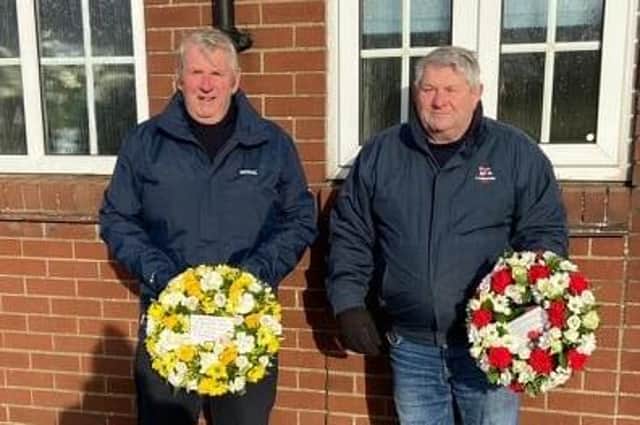 Councillor Vic Leppington laid a wreath on behalf of the Flamborough Parish Council and Captain David Freeman a wreath on behalf of the Flamborough Fishermen’s Memorial Group. Photo by Mark Smales