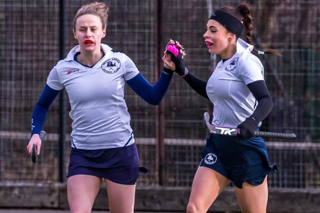 Whitby Hockey Club Ladies' Dani Halley with Millie Storr (right), celebrate Halley's opening goal v Newcastle 2s