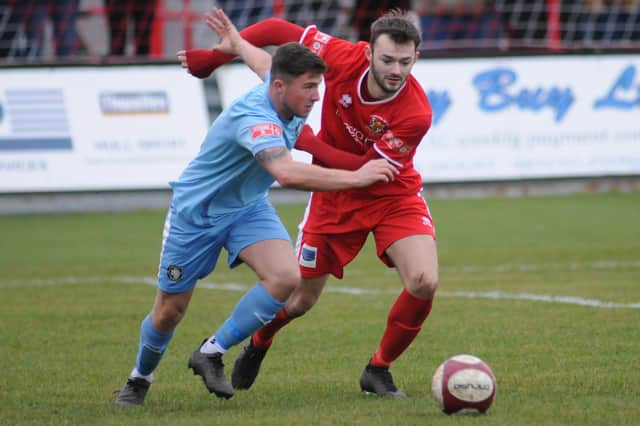 Lewis Dennison in actton for Bridlington Town during the 1-0 loss at home to Worksop
Photos by Dom Taylor available to order by Emailing s70dom@gmail.com or on Facebook at DT Sports Photographs