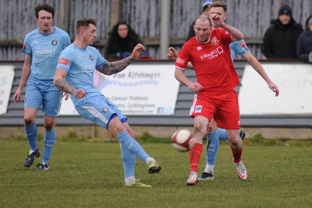 Bridlington Town player-boss Brett Agnew in action during the 1-0 loss at home to Worksop Town

Photos by Dom Taylor available to order by Emailing s70dom@gmail.com or on Facebook at DT Sports Photographs