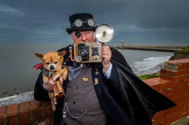 Steve Screen, with his dog Chico, of Nottingham, at Whitby Steampunk Weekend.