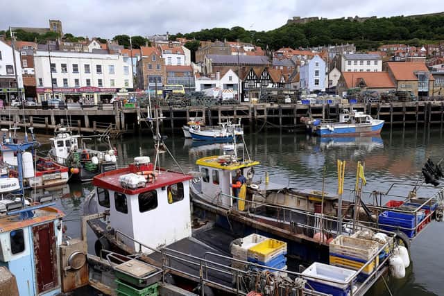 Fishing boats moored in the harbour at Scarborough.