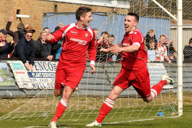 Paddy Miller, right, celebrates with Bryan Hughes as Boro seal the NCEL Premier title