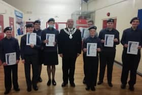 Bridlington Town Mayor Liam Dealtry awarded St Johns Essential First Aid certificates to Cpl Brodi Philo, Cdt’s Lucy Evans, Jessica Crampin, Clayton Hellewell, Taylor Jackson-Shaw, Dylan Raybould, Tyler Baker and Matthew Ragsdell.