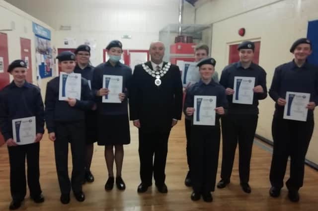 Bridlington Town Mayor Liam Dealtry awarded St Johns Essential First Aid certificates to Cpl Brodi Philo, Cdt’s Lucy Evans, Jessica Crampin, Clayton Hellewell, Taylor Jackson-Shaw, Dylan Raybould, Tyler Baker and Matthew Ragsdell.