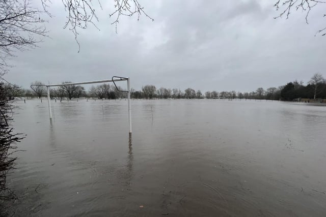 Play is definitely cancelled with this football pitch being left totally flooded.
