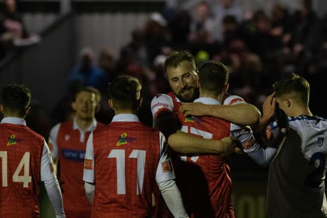 Boro goalscorer Jake Day celebrates the cup win against Whitby Town
Photos by Morgan Exley