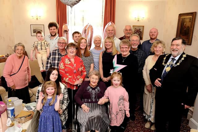 Beryl Hughes celebrated her 100th birthday with a tea party with her family and Scarborough mayor Cllr Eric Broadbent.