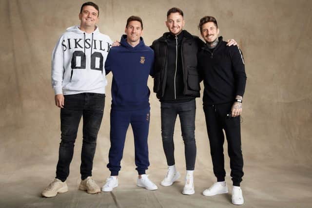 Lionel Messi wearing Messi x SikSilk, with SikSilk's founders Sam Kay, left, Baz Gill and David Thompson.