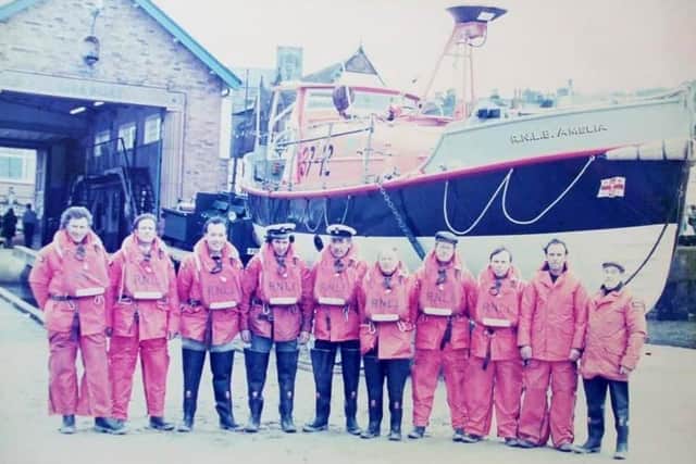 Pictured from left with the Amelia lifeboat: Mick Baker, John Trotter, Richard Constantine, Ian Firman, Stuart Ogden, Dennis Dobson, Francis Appleby, Mick Bayes, Ross Tyson and Fred Adams or Adamson. Photo courtesy of Mick Bayes.