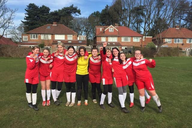 Scarborough Ladies under-14s celebrate their first-ever win, a 2-1 success on the road at York RI