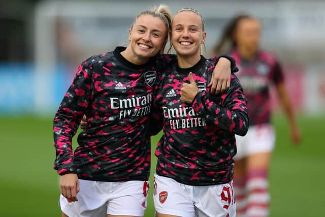 Beth Mead (right) and Leah Williamson of Arsenal warm up before the UEFA Women's Champions League match against Slavia Prague Women on August 31, 2021