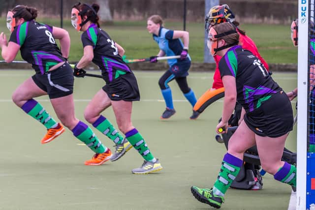 Danby Ladies defend a short penalty corner
Photos by Brian Murfield