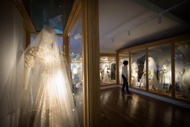The wedding dress exhibition in Whitby Museum's costumes gallery.