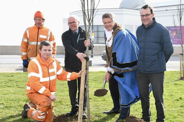 Cllr Nigel Wilkinson plants the tree in Pembroke Gardens, Bridlington, with help from, from left, George Mallison and Thomas Longhorn, from the council’s forestry team, operations manager Andy Harper, and service manager Steve Brackenbury.