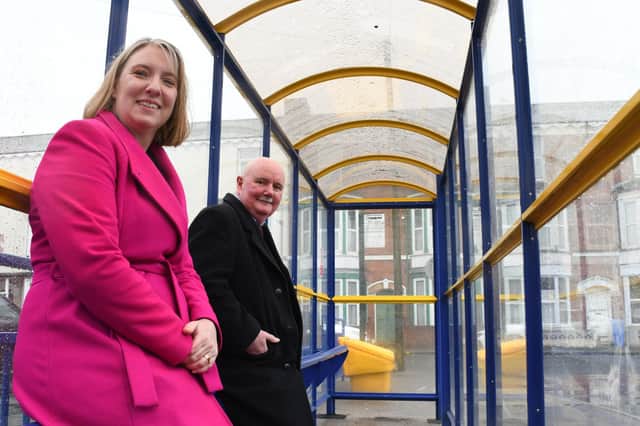 Cllr Claire Holmes and Colin Walker inside one of the new bus shelters at Bridlington Bus Station.