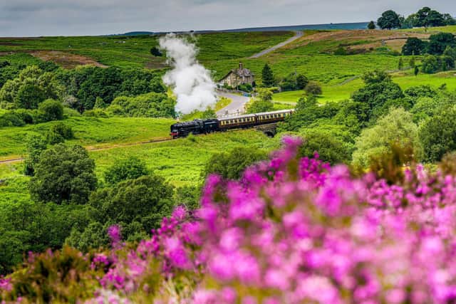 Steam train on the picturesque North Yorkshire Moors Railway.