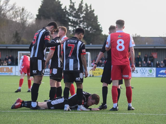 A Stafford Rangers player is floored
