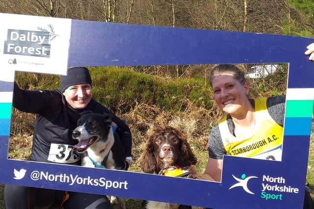 At the Canicross events at Dalby Forest, Scarborough AC's Victoria Lockey and her Border Collie Cross dog called Dasher, left, finished 12th fastest in 26.10, and Jenna Wheatman, who was 13th fastest with her English Springer Spaniel called Castor in 26.18.